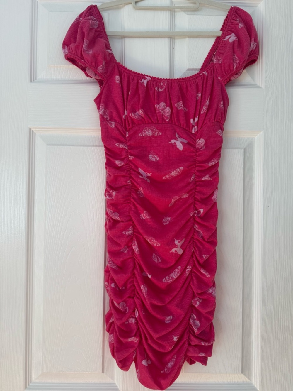 Urban outfitters Pink Ruched Puff-Sleeve Dress